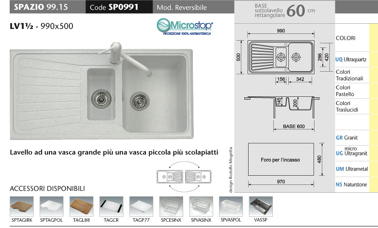 SPAZIO 99.15 Lavello cucina a due vasche più scolapiatti finitura  ultrametal 44 nero - Bagno Italiano